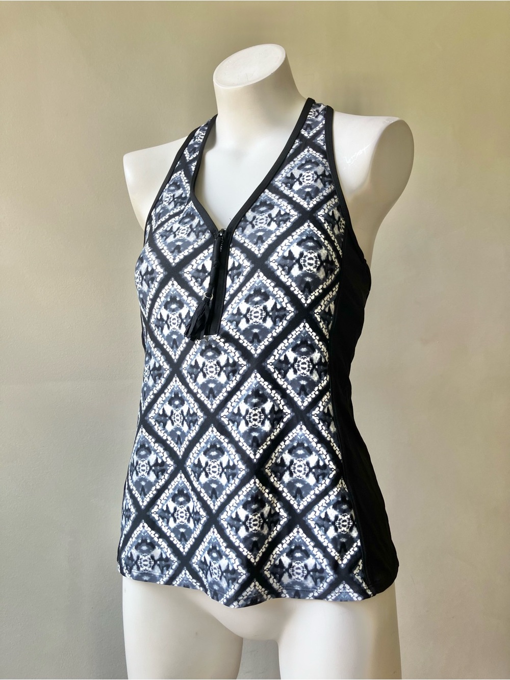Beach House | Geometric Tile Tie Dye Zip Up Racerback Tankini Swim Top